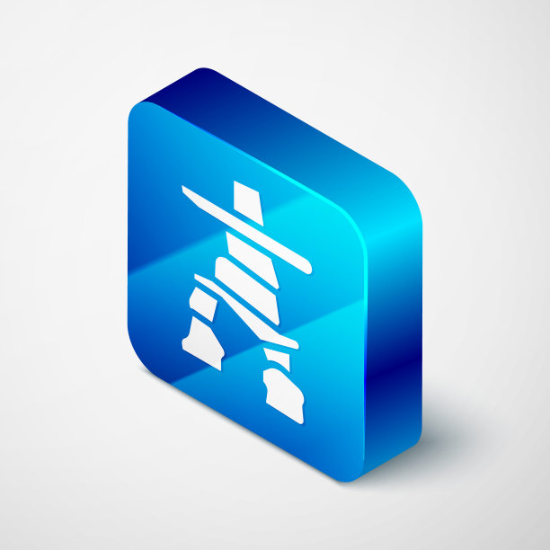 等距的Inukshuk图标孤立在灰色背景。蓝色方块按钮。向量图片下载