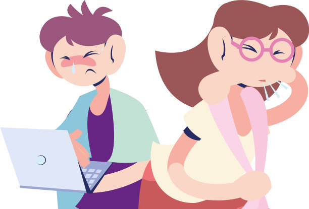 一对生病的夫妇在电脑前工作图片下载