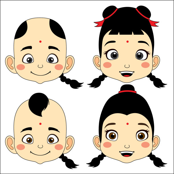 卡通脸男孩和女孩的中国形象图片下载