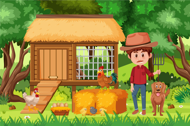 农场里农夫和鸡的场景图片下载