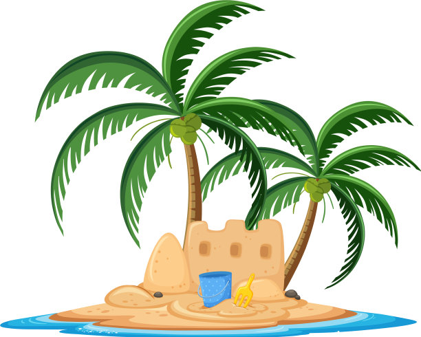 热带小岛上的沙堡卡通风格图片下载