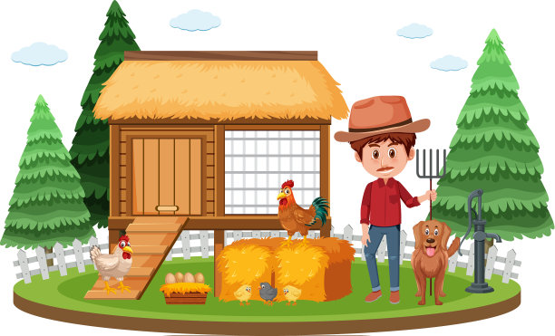 农场场景，农民和鸡在农场图片下载