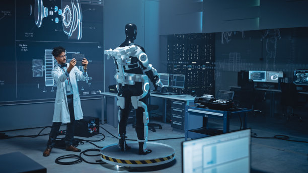 机器人开发实验室:工程师使用数字平板电脑与增强现实设计外骨骼原型。建筑Exosuit帮助残疾人行走，工人举起货物图片下载