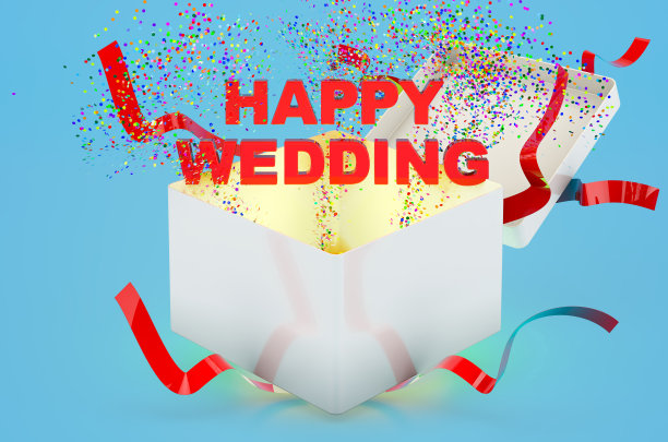 快乐的婚礼文字内礼盒。蓝色背景上的3D渲染图片下载