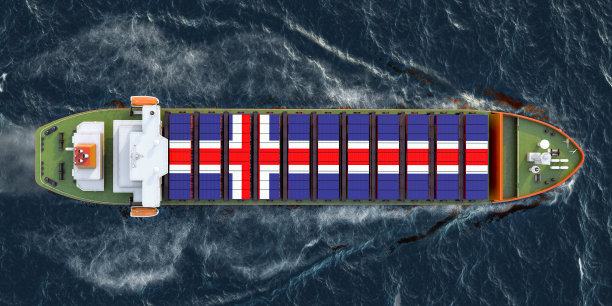 一艘载着冰岛集装箱的货船在海上航行，3D渲染图片下载