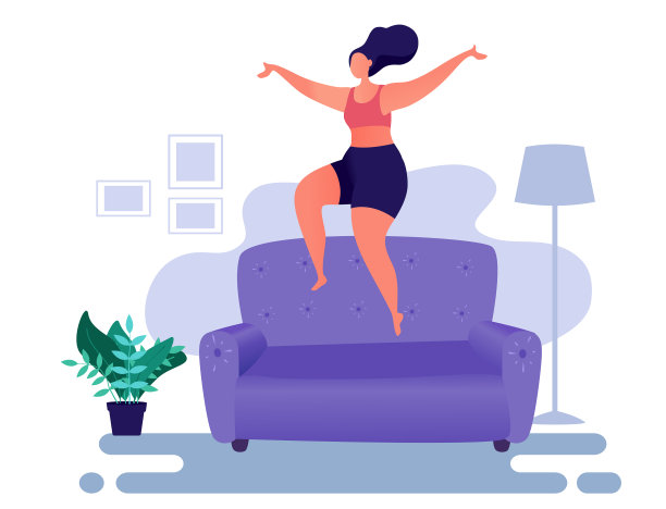女人跳到沙发上呆在家里娱乐图片下载