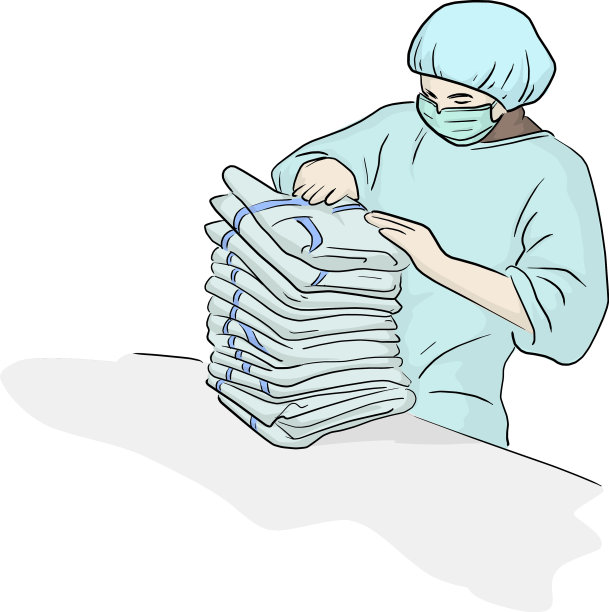 穿着防护服的工人整理纺织品图片下载