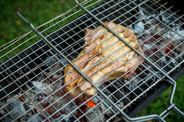 多汁的肉排在火盆上烤着图片下载