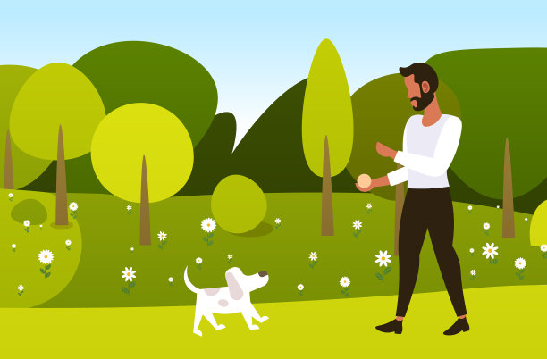 一个年轻人在公园外面遛狗图片下载