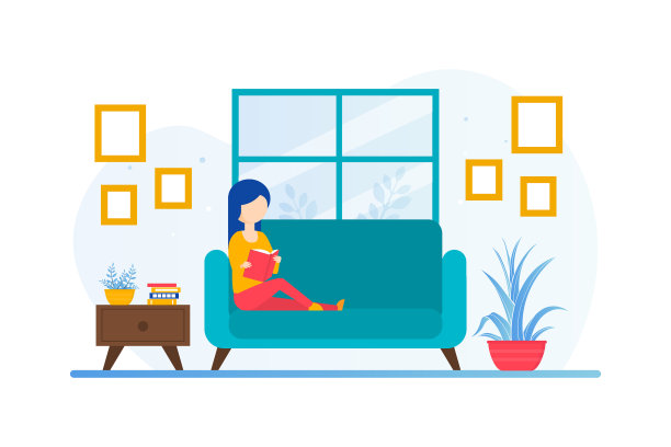 年轻女子坐在沙发上看书图片下载
