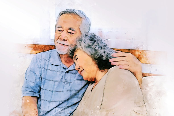 抽象多彩的幸福亚洲资深情侣情侣在水彩插画背景上放松休息。图片下载