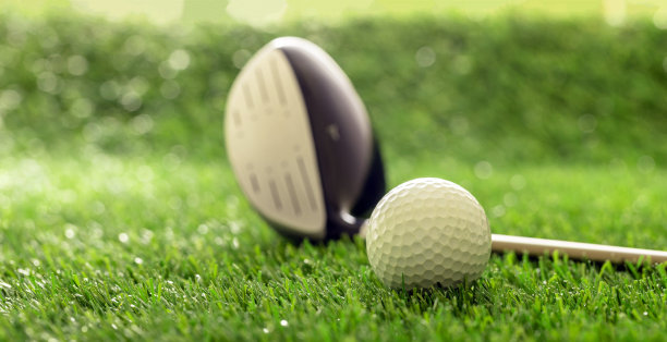 高尔夫球棍和球在绿色草地高尔夫球场，近距离观看。图片下载