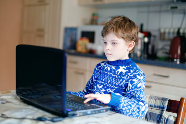 孤独的男孩在家里用笔记本电脑学习，准备上学。可爱的孩子做作业，使用笔记本电脑和现代小工具。冠状病毒大流行封锁隔离期间的家庭教育概念图片下载