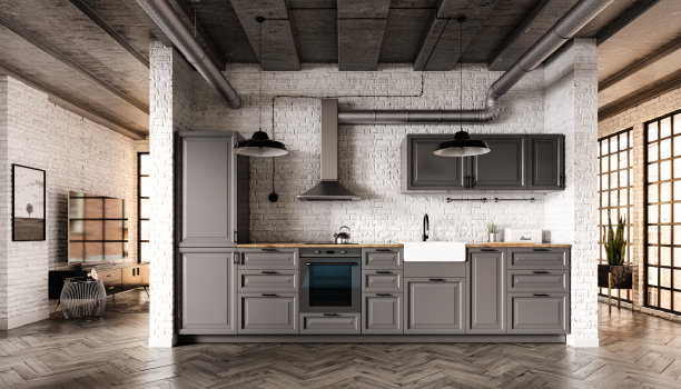 灰色复古斯堪的纳维亚开放式厨房位于阁楼内部，采用砖墙、拼花地板和混凝土天花板图片下载