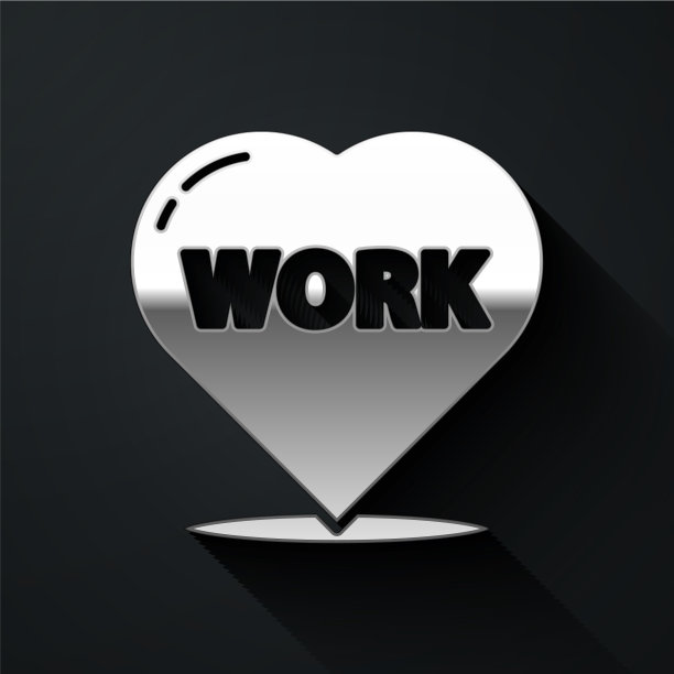 银色的心与文字工作图标孤立的黑色图片下载