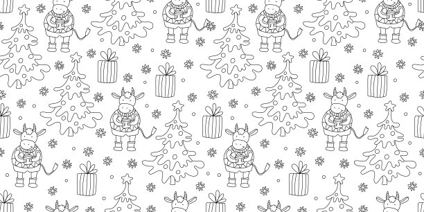 矢量无缝模式与小公牛，圣诞树和礼品盒。图片下载