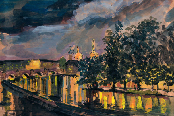 夜景的布拉格插图在水粉，手工艺术品，背景。图片下载