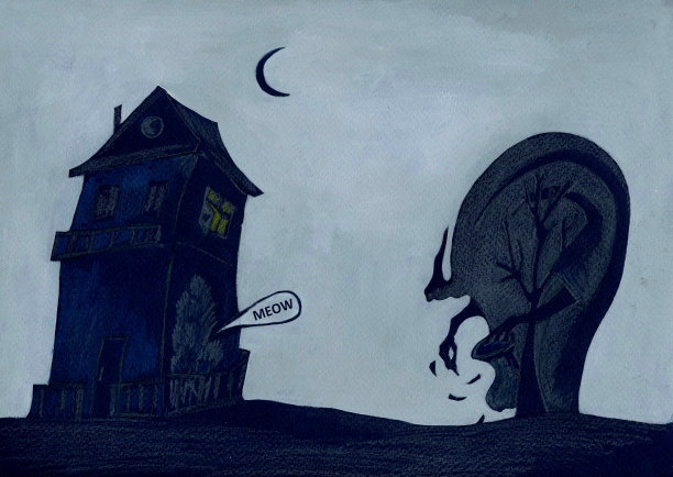 小猫晚上在房子下面喵喵叫，哥特童话图片下载