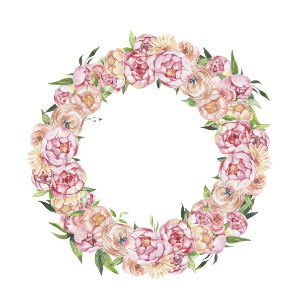 水彩花卉插图-树叶和树枝框架与花和叶子为婚礼文具，问候，壁纸，背景。玫瑰,牡丹绿叶图片下载