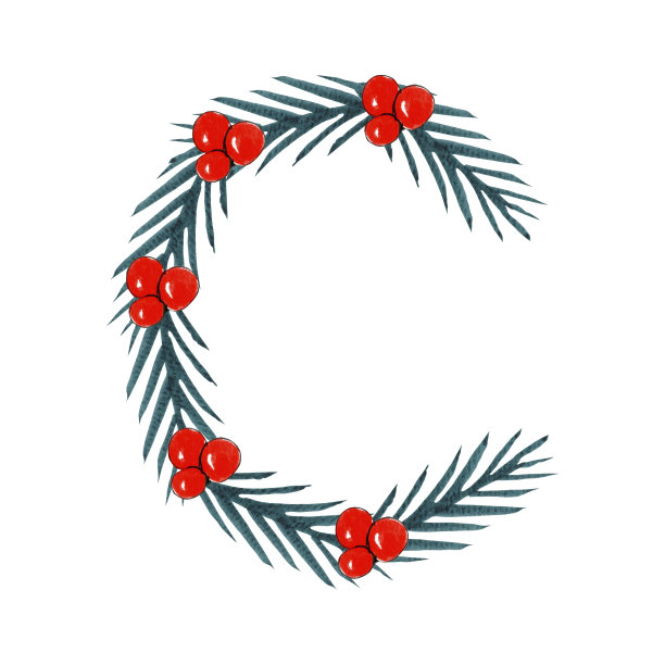 水彩圣诞C字母设计，圣诞和新年字母。图片下载