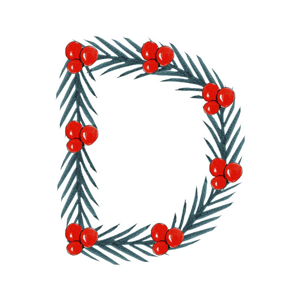 水彩圣诞D字母设计，圣诞和新年字母。图片下载