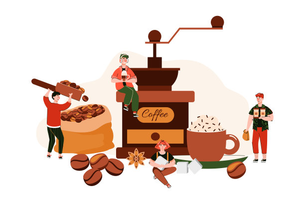 小的微型人在咖啡店工作，平面卡通矢量插图图片下载