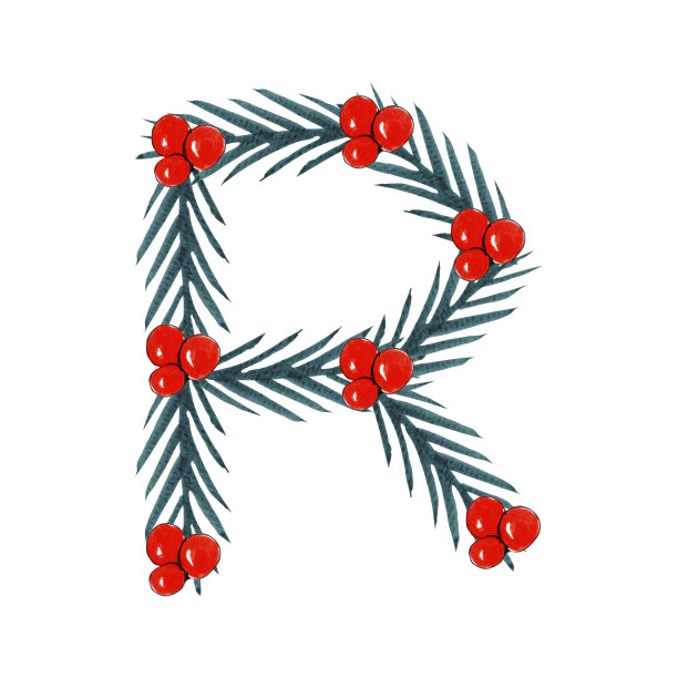 水彩圣诞R字母设计，圣诞和新年字母表。图片下载