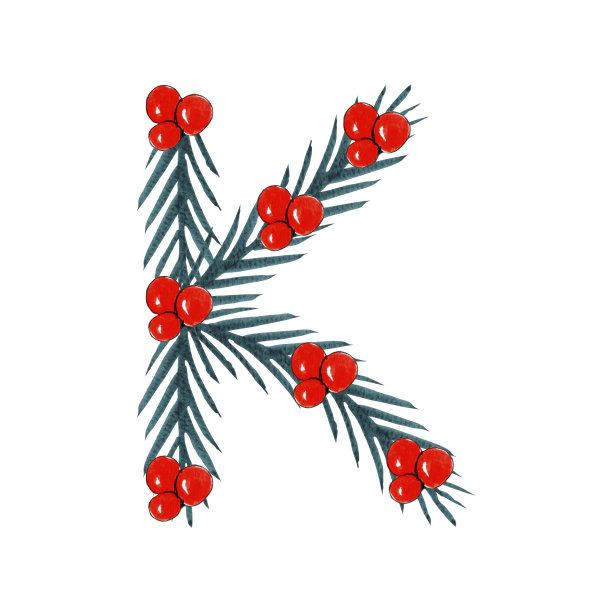 水彩圣诞K字母设计，圣诞和新年字母。图片下载