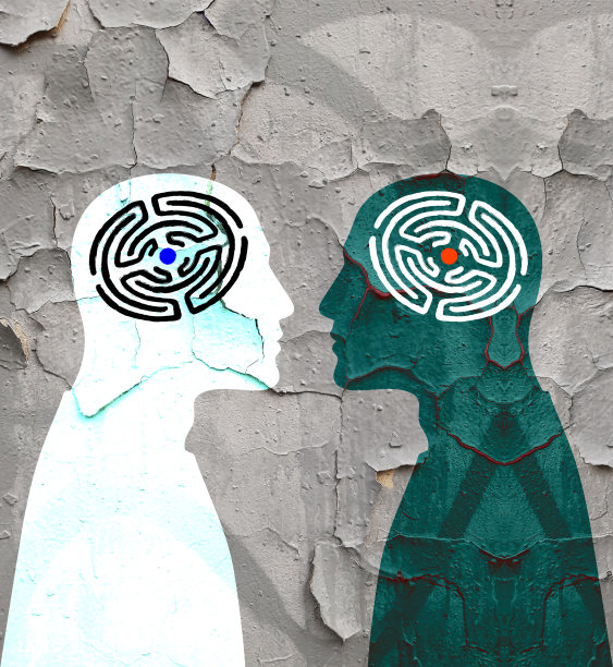 危机和萧条。心理问题。在一堵被摧毁的墙的背景下，两个男人的侧影。图片下载