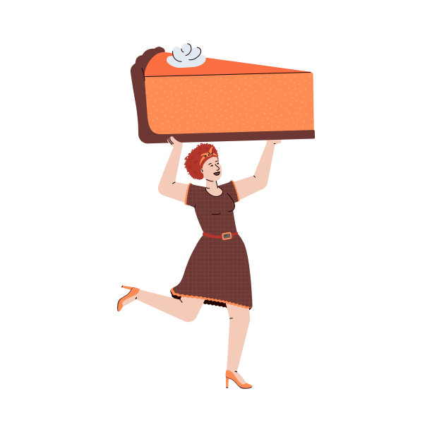 小女人与南瓜派感恩节平面矢量插图孤立。图片下载