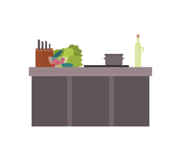 厨房工作场所用蔬菜和器皿平面矢量插图孤立。图片下载