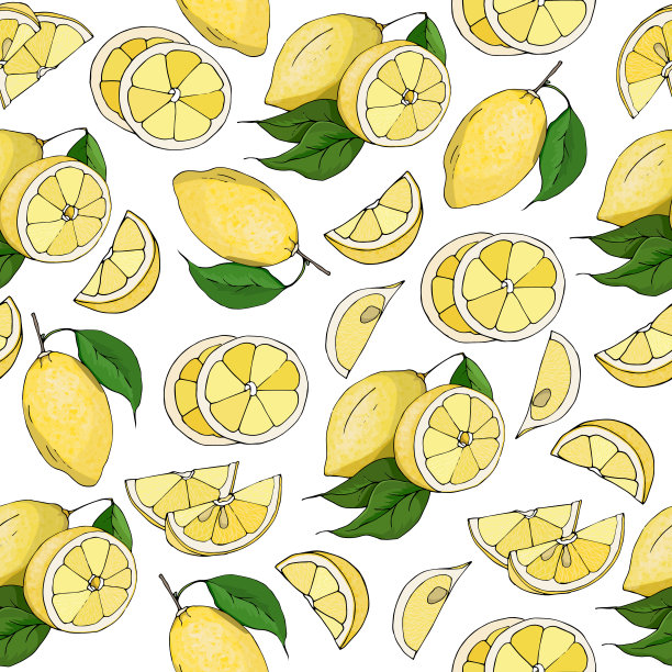 白色背景上的黄色柠檬。手绘明亮无缝图案。热带点缀。图片下载