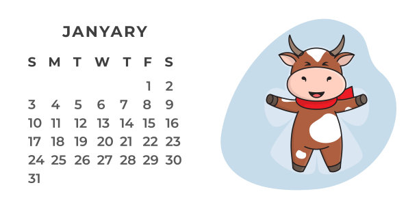 2021年1月的桌面日历页面。可爱的斑点牛，做运动的牛或牛，瑜伽，休息。2021年，东方或中国历法的牛年。矢量股票，准备打印模板图片下载
