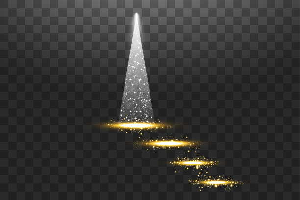 发光的圣诞树隔离在透明的背景上。白色和金色的圣诞树象征新年快乐，欢庆圣诞快乐的节日。明亮的灯光装饰设计。向量。图片下载