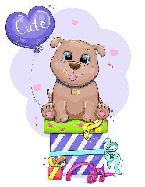 可爱的卡通小狗与礼物和气球。图片下载