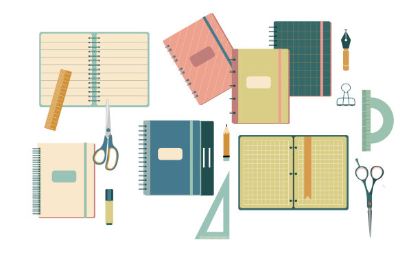 扁平风格的文具套装。回到学校的概念有不同大小的日记本、开合笔记本、练习本、便签本。学生的工具图片下载