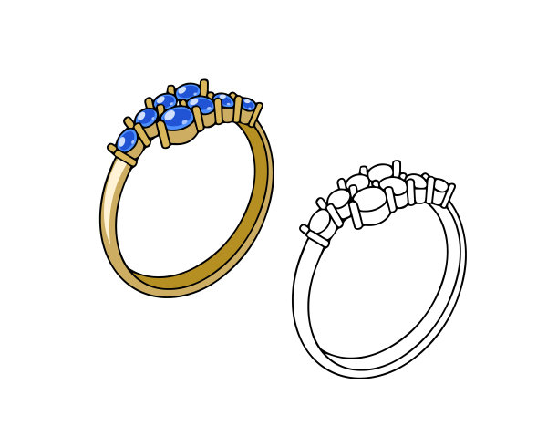 镶有蓝色宝石的金戒指。白色背景上的线性绘图。向量图片下载