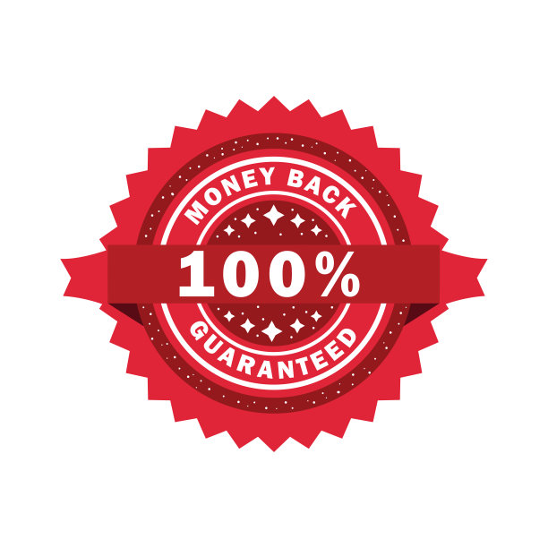 100%退款保证徽章与红色丝带在白色背景图片下载