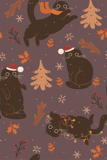 无缝模式与可爱的棕色圣诞猫。矢量图形图片下载