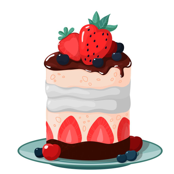 碟子上放着一份带有鲜嫩蛋白酥皮的甜点。装饰有草莓、蓝莓和巧克力的一块蛋糕。图片下载