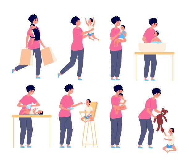 妈妈和宝宝。母亲照顾孩子，平淡的母亲性格。幼童睡觉玩吃饭。女与子或子向量集图片下载