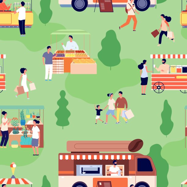 食品市场模式。人们购买农产品，柜台上有工艺品。夏季集市，户外节日活动背景。街道店铺矢量无缝模式图片下载