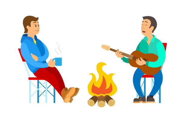 人们放松户外，男人靠近篝火矢量图片下载