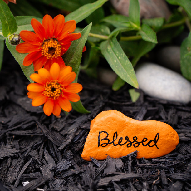 一块正方形的石头被画成橙色，上面写着“祝福”的字样图片下载