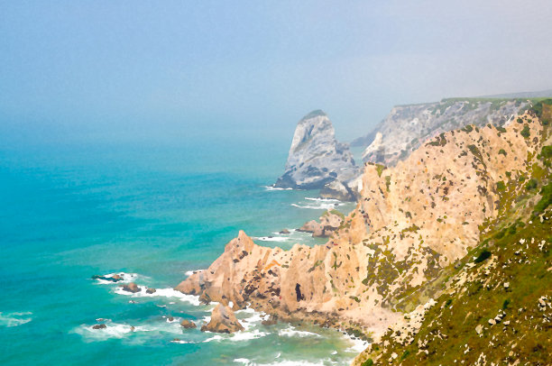 罗卡角卡波达罗卡水彩画与锋利的岩石和悬崖在大西洋海岸与复制空间，葡萄牙图片下载
