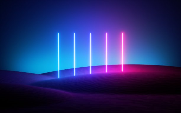 3d渲染，未来霓虹背景，粉蓝色垂直线在夜空下的沙漠发光。紫外光谱地形景观图片下载