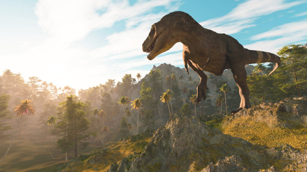 日落时分丛林里的霸王龙。这是一个3d渲染图。图片下载