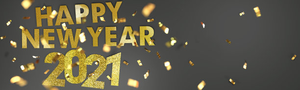 2021年新年快乐。新年旗帜。闪亮的五彩纸屑飘落在金色的字母上。3 d渲染。图片下载
