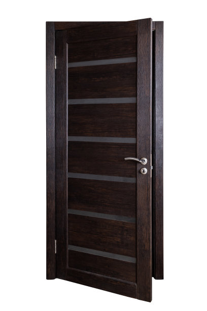 深棕色的内门孤立在白色背景上。门装饰有哑光玻璃。现代设计。剪下图片下载