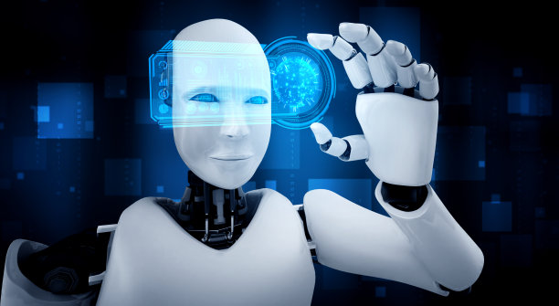 人形机器人手持HUD全息屏幕的AI思维大脑概念图片下载